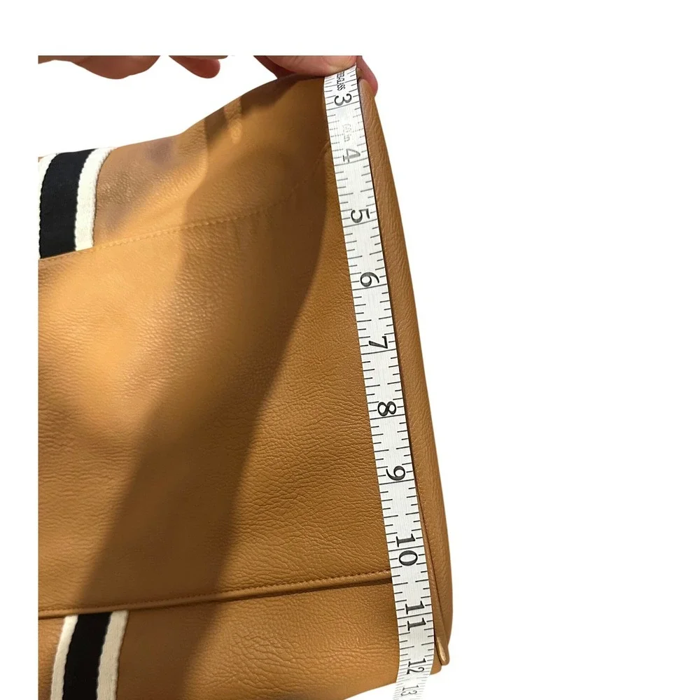 Tan Faux Leather Duffle Bag Striped Webbing Handles Weekend Travel Gym Bag